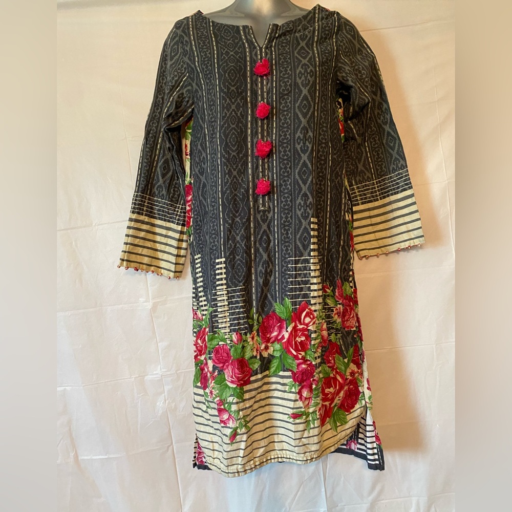 J Pret Tunic with Stripe and Floral Detail and Pink Pompoms